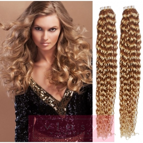 Kudrnaté vlasy pro metodu Pu Extension / Tape Hair / Tape IN 50cm - přírodní / světlejší blond