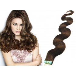 Vlnité vlasy pro metodu Pu Extension / Tape Hair / Tape IN 60cm - středně hnědé