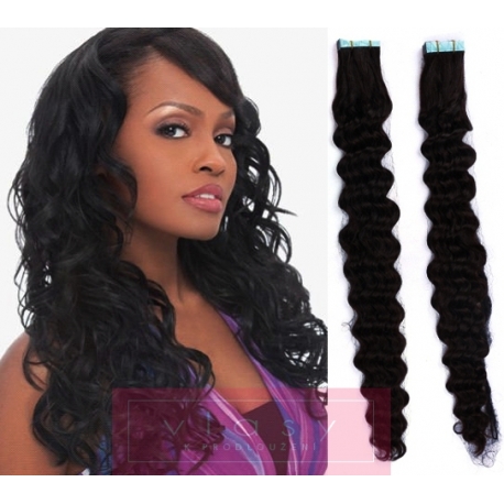 Kudrnaté vlasy pro metodu Pu Extension / Tape Hair / Tape IN 60cm - černé