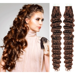 Kudrnaté vlasy pro metodu Pu Extension / Tape Hair / Tape IN 60cm - středně hnědé